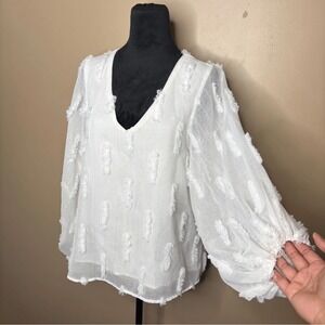 Vine & Love Blouse Small White Eyelash Fringe Metallic Stripe Balloon Sleeve